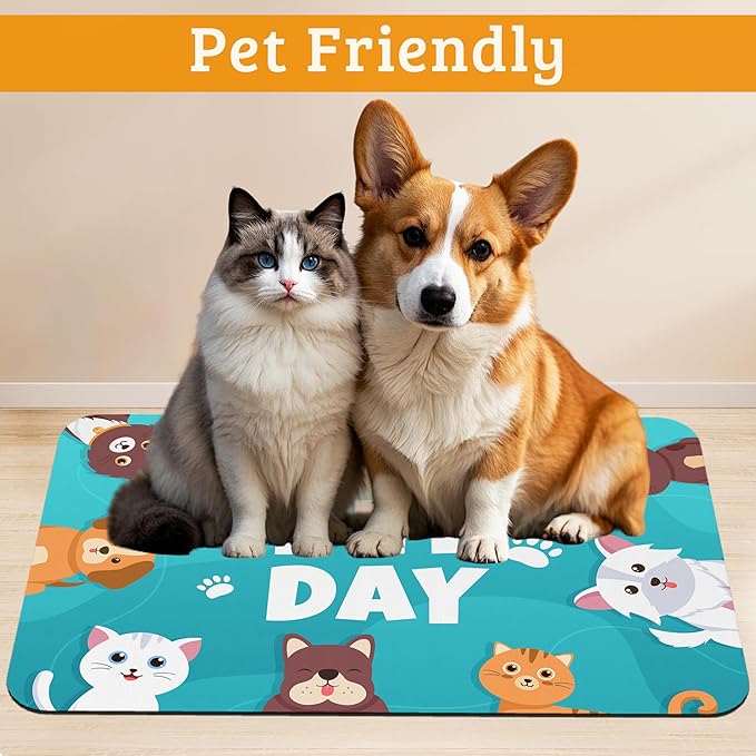 Pet Dog Cat Food Mat,Animal Paws Absorbent Waterproof Placemat for Food and Water Non Slip Rubber Backing Durable Feeding Pad for Clean Floors 12" x 20"
