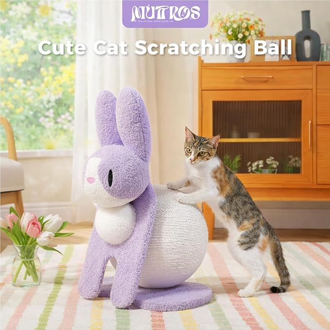 Cute Cat Scratching Post- Bunny Style, Cat Scratcher Toy with Paper Rope, Extra Large Cat Scratch Ball (Ø11.8) for Indoor Kitten, Rabbit Scratch Ball for Kitty to Climb & Play, Purple