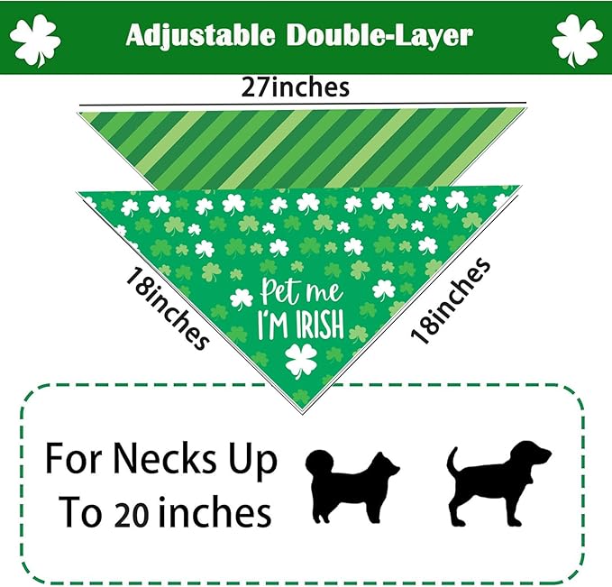 St Patrick's Day Dog Bandanas - Lucky Shamrock Puppy Scarf - 2 Pcs Adjustable Triangle Double-Layer Reversible Pet Bandanas for Small Medium Large Dogs