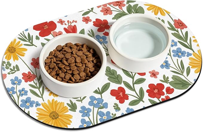 Pet Feeding Mat – 20''x12'' Absorbent Dog Food Mat, Pet Water Mats Protect Floor, No Stains Quick Dry Water Bowl Mats, Non-Slip Rubber Base Pets Placemats for Food and Water, White Floral