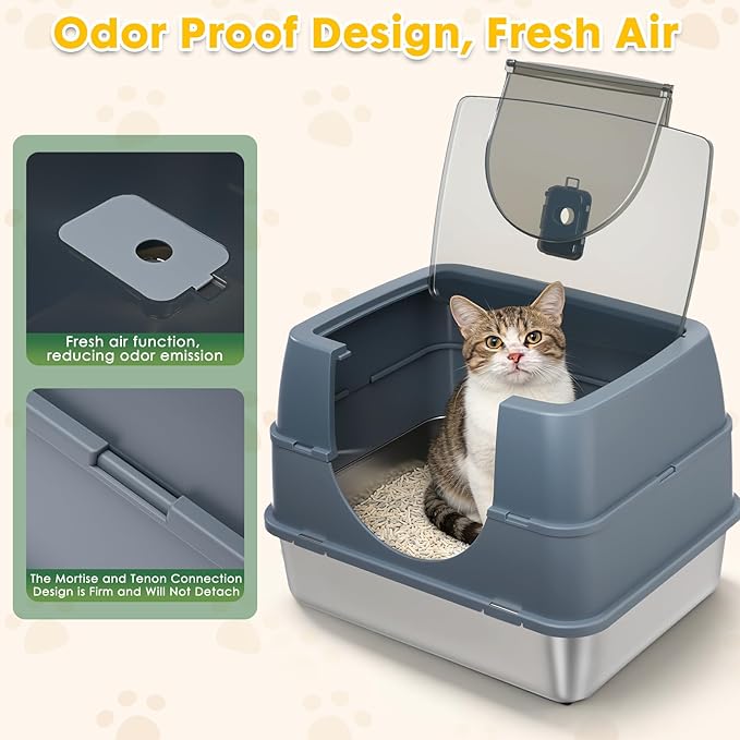 Stainless Steel Litter Box with Lid,Side Entry Large Litter Box,Enclosed High Sided Litter Boxes with High Sided Enclosure&Scoop,Anti-Urine Leakage Non-Sticky for Kitty&Medium Cats(Grey)