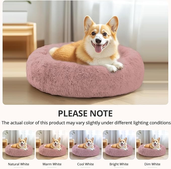 JOLLYVOGUE Calming Dog Bed Medium Size Dog, Anti-Anxiety Donut Medium Pet Bed, 27 inches Fluffy Faux Fur Round Cat Bed (Dark Pink)