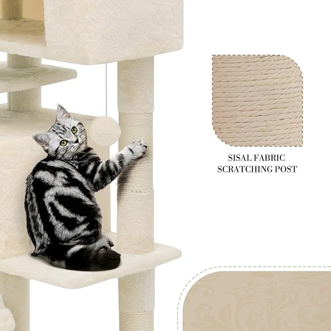 Athena Collection Cat Tree - 62"Multilevel Cat Scratching Post & Condo, Dangling Ball Activity Center for Indoor Cats, Beige