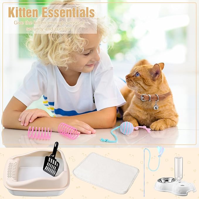 Eccliy Kitten Starter Kit, 10 Pcs Cat Starter Kit for Indoor Cats Kitten Essentials Includes Litter Box, Pet Toy, Folding Carrier, Climbing Frame, Mat, Collar, Automatic Food Bow (Cute,White)