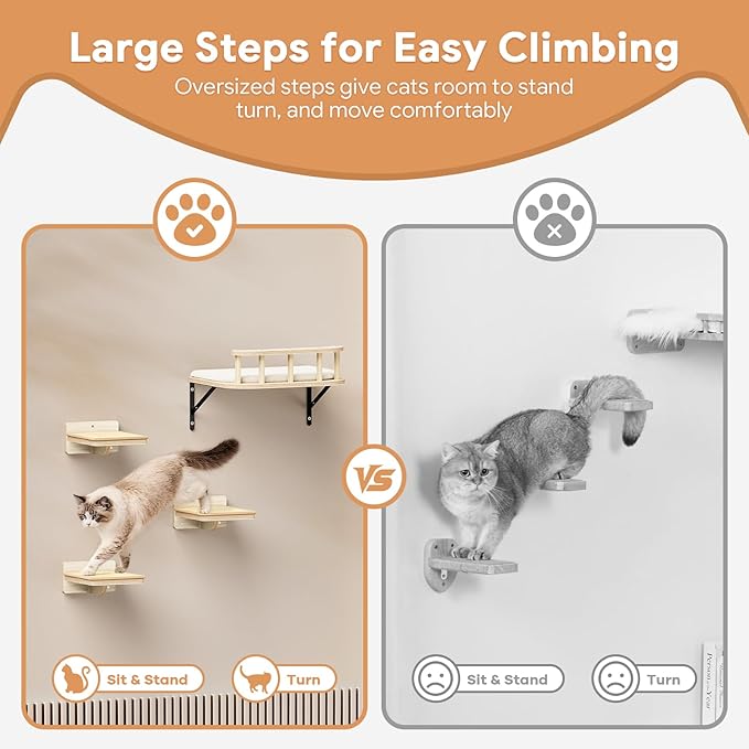 17" × 13" Large Cat Wall Shelves- Wall Climber Wooden Furniture Cat Shelf with Cushion and 3 Wide Perch Steps for Large Cats and Kittens Sleeping, Playing, Climbing