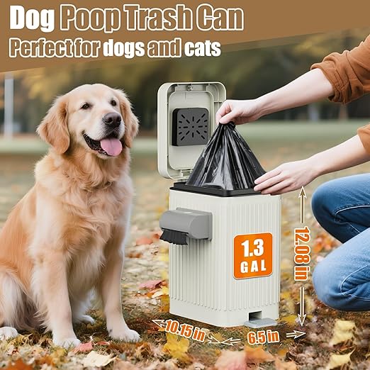 Dog Poop Trash Can for Outside & Indoor, 5L/1.3Gal Small Odor Control Pet Waste Bin with Carbon Filter, 2-Way Open (Step & Press Top), Dog Waste Container with Trash Bag Holder, White