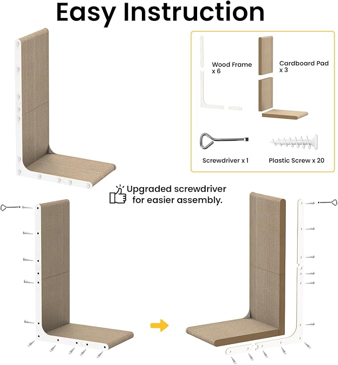 Cardboard Cat Scratcher,26 Inch L Shape Scratch Pad Wall Mounted,Vertical Scratching Board, Durable Cardboard to Protect Furniture for Indoor Cats,White Junbo
