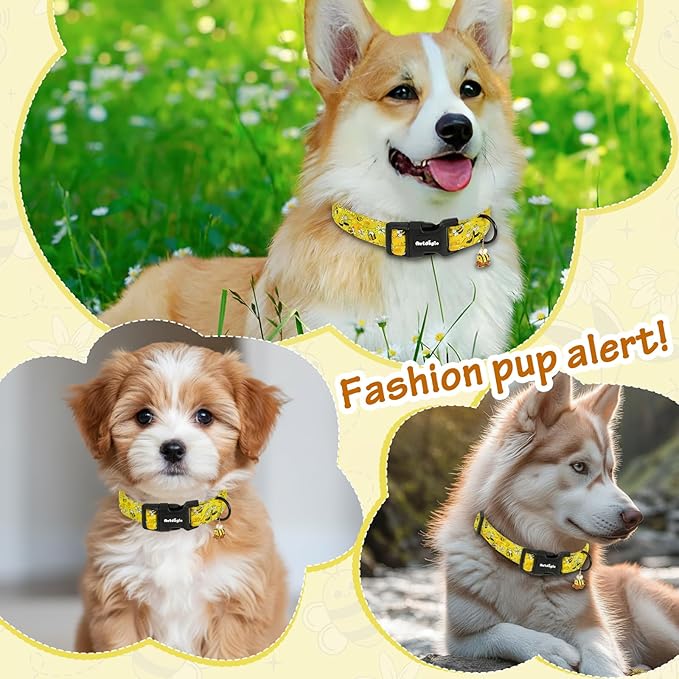Yellow Dog Collar for Medium Dogs, Spring & Summer Theme Medium Dog Collars Featuring Bee Pollinating White Flowers Pattern, Adjustable Cotton Collar for Girl Boy Dogs -M