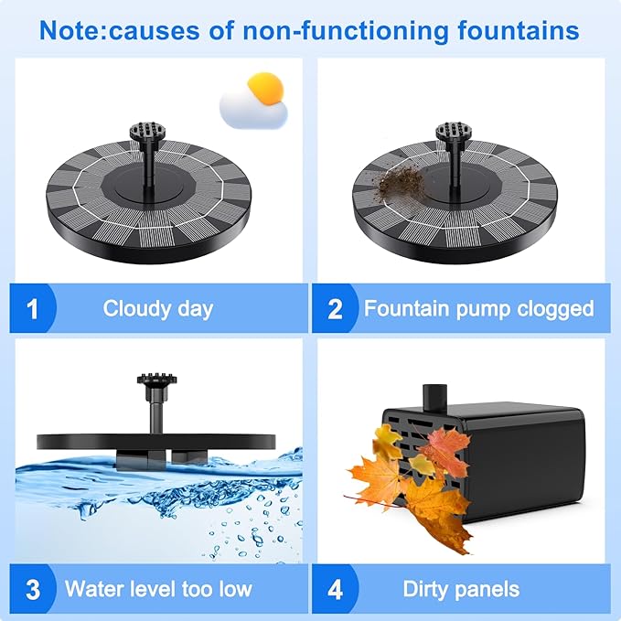 2.5W Solar Bird Bath Fountain Pump, Solar Fountains, Solar Powered Water Fountain with 6 Nozzles and Fixer for Bird Bath, Outdoors, Fish Tank, Pond, Pool and Garden