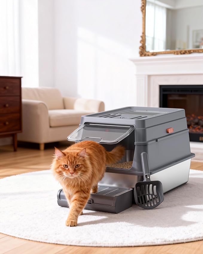 Cat Litter Box - Stainless Steel Litter Box with Lid for Kitty, Metal Base Enclosed Cat Box with Litter Scoop, Elevated Step Box, Activated-Carbon Pack, 17.1" x 13.2" x 15", Grey