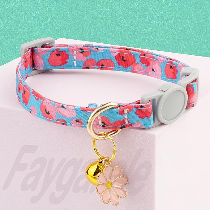 Faygarsle 2 Pack Breakaway Cat Collar with Bells for Girl Cats Cute Pink Collar with Flower Charm Floral Girly Spring for Cats