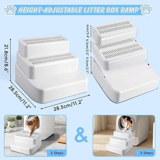 Adjustable 3 Steps Litter Box Ramp, Litter Box Step with Filter Function, Easy to Clean Cat Litter Stair Catcher for Older Cats and Small Cats (White)