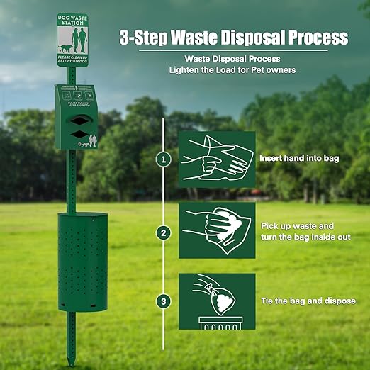 Dog Poop Trash Can Outside for HOA Communities, Durable Rust Proof Aluminum Dog Waste Station – 10 Gallon Outdoor Trash Can with Lid & Reflective Sign for Yard, Dog Park