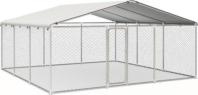 15'x15' Large Outdoor Dog Kennel, Heavy Duty Dog Enclosure with Roof, Weather Resistant Cover and Security Lock(183"x183")