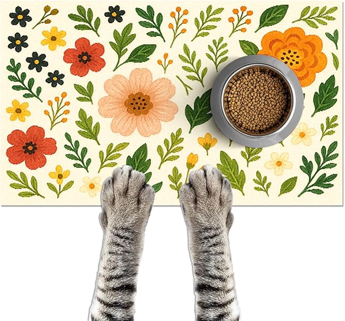 Trendy Flower Pattern Pet Feeding Mat Spill-Proof Feood Pad for Food and Water Bowls Non-Slip Placemat for Pet Areas Easy Clean Fast Dry Mat for Cats Kittens & Small Dogs 20" x 12"
