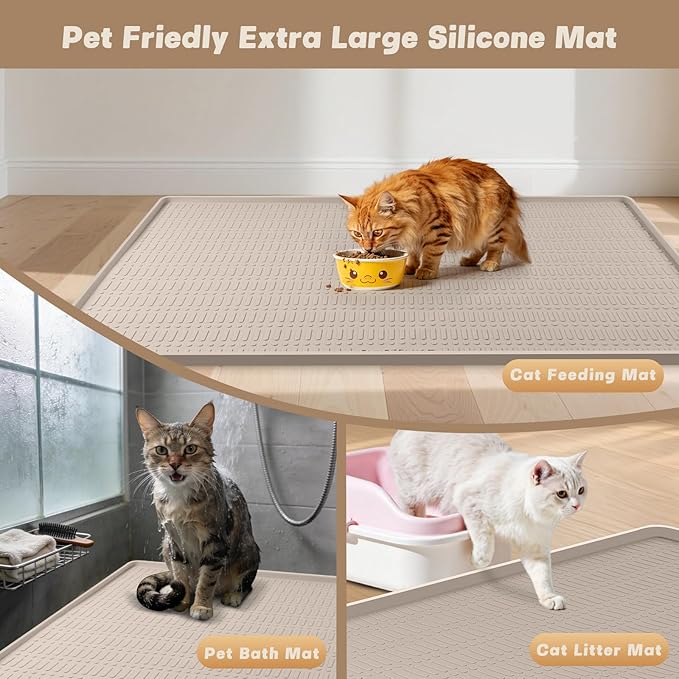47" x 35" Silicone Cat Food Mat, Waterproof Pet Feeding Mat with Raised Edge, Extra Large Cat Bowl Mat Water Bowl Placemats for Cats, Non-Slip, Protects Floors, Easy to Clean (Beige