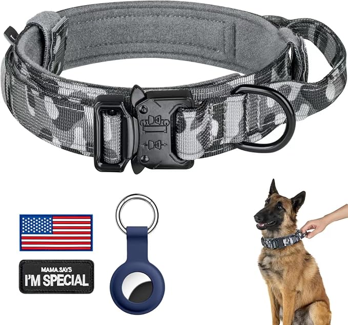 DAGANXI Tactical Dog Collar, Adjustable Military Training Nylon Dog Collar with Control Handle and Heavy Metal Buckle for Medium and Large Dogs, with Patches and Airtags Case (S, Camo)