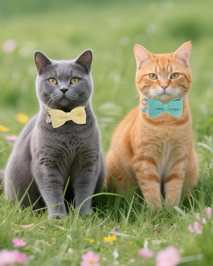 Cat Collar Breakaway with Bells, Soft Cotton Cat Bowtie Collar for Girl Boy Cats, Small Cats Collar with Bow for Spring Summer, 2 Pack Cute Kitten Collars with Removable Bowtie 8-12Inch