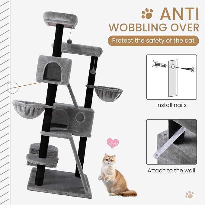 SHA CERLIN 65in Larger Cat Tree Tower Condo for Indoor Kitties/Multi-Level Furniture Activity Center with Wide Base/Cozy Plush Perches/Baskets/Sisal Scratching Posts and Hammock/Black & Grey