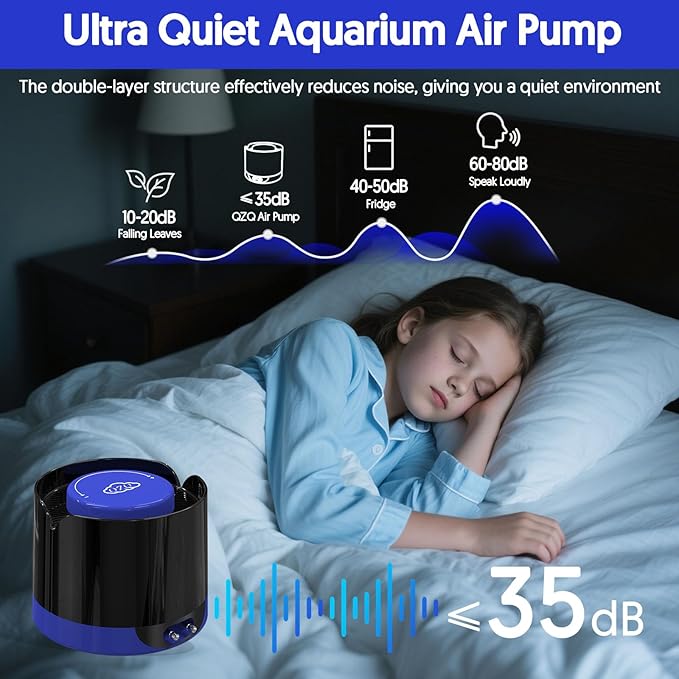 QZQ Aquarium Air Pump, Quiet Fish Tank Air Pump with Dual Outlets, 3W/5W Powerful Adjustable Oxygen Pump with Accessories, Aquarium Bubbler Aerator for Fish Tank Up to 120 Gallon (5W)