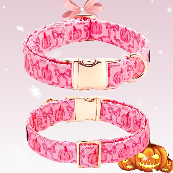 Dog Collar, Pink Pumpkin Print Adjustable Pet Collar Cute Cotton Soft Collars with Bow Tie Fall Metal Buckle Holiday Puppy Collars Boy&Girl Gift for Medium Dogs