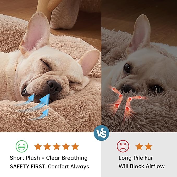 OhGeni 27 inches Calming Donut Dog & Cat Bed for Medium Pets, Warming Comfort Fluffy Short Pile Fur, Durable Machine Washable, Cute Round Bed for Puppy and Kitten, Camel