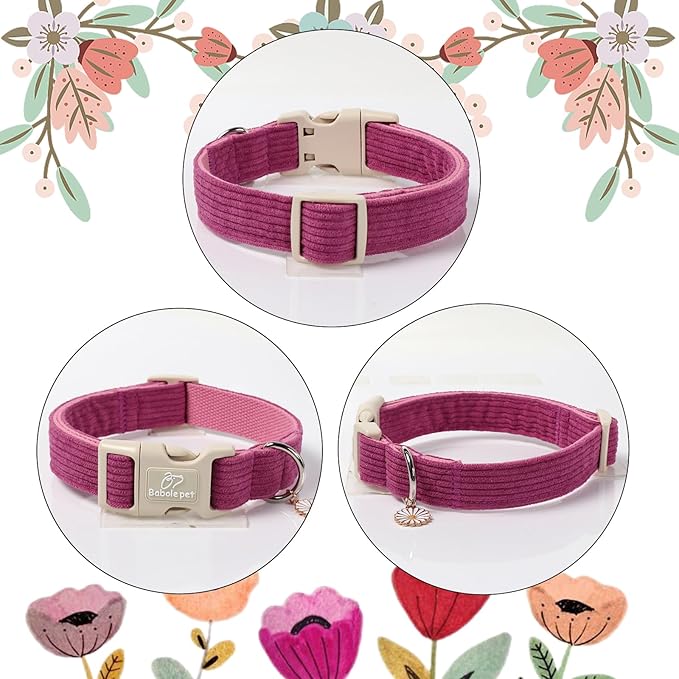 Cute Corduroy Dog Collar - Fuchsia Adjustable Dog Collars for Small Dogs 10-25lbs, Fade-Proof with Secure Snap & Little Charm, Christmas Birthday Gift, S