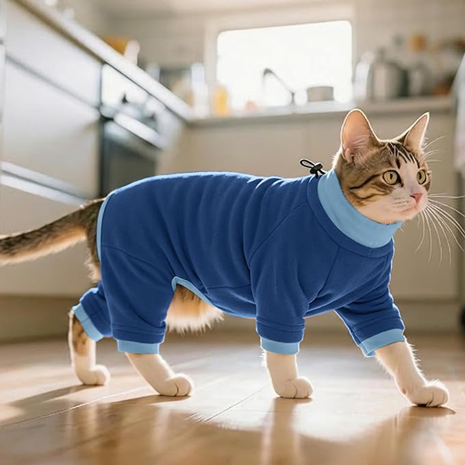 PUMYPOREITY Cat Recovery Suit, Stops Wound Licking After Surgery, Sticky Hair Shirt with Sticky Fabric, Cat Pajamas Prevents Over-Grooming, Blue, S