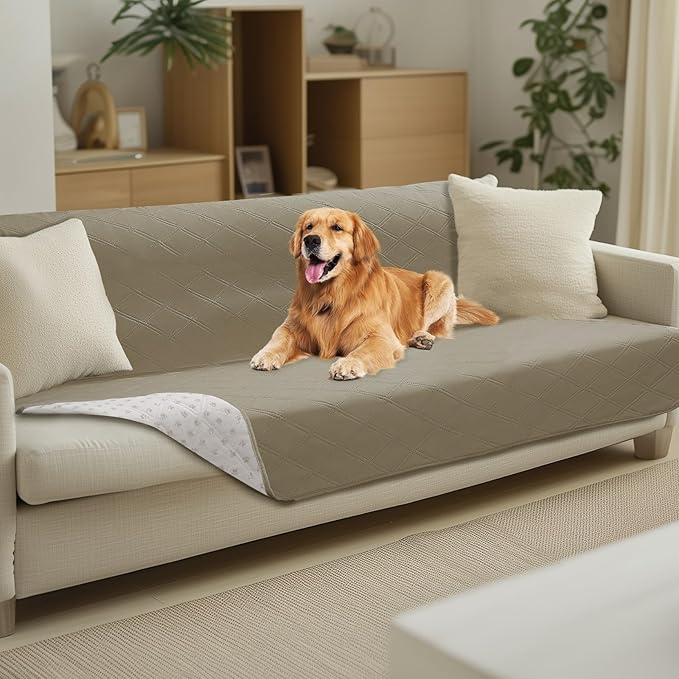 Luciphia 100% Waterproof Couch Cover Blanket for Dogs Anti-Slip Pet Couch Protector Sofa Mat Puppy Cat Blanket with Non-Slip Bottom, Taupe White, 52x82 Inch