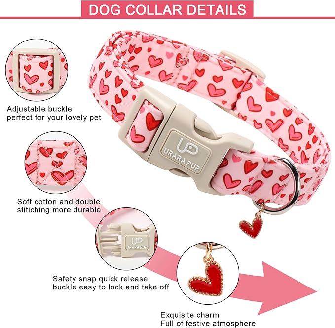 Valentine's Dog Collar, UP URARA PUP Pink Heart in Red Adjustable Pet Collar with Bowknot Charm, Wedding Dog Accessories for Small Medium Large Dogs