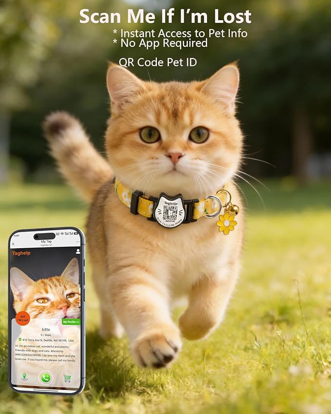 Breakaway Cat Collar with QR Code ID Tag, Adjustable Cotton Kitten Collar with Bell, Scan to Find My Family Personalized Pet Info, Cute Flower Design for Indoor Outdoor Cats,Flower Pendant(Yellow)