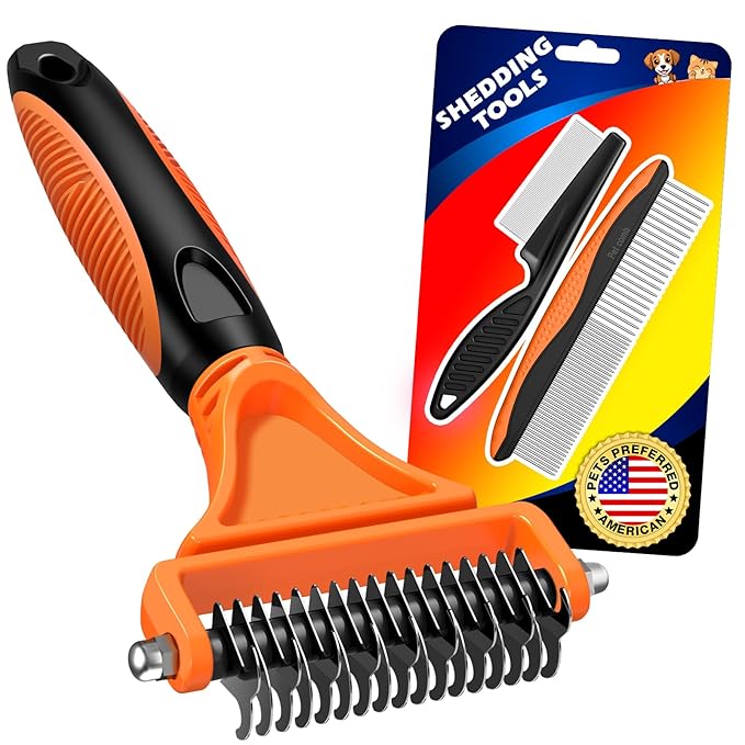 3PCS Pet Grooming Rake & Metal Comb & Flea Comb for Cats and Dogs, Double-Sided Dematting Tool, Extra-Wide Deshedding Dog Brush for Long Hair to Effectively Remove Tangles, Knots and Mats (Orange)