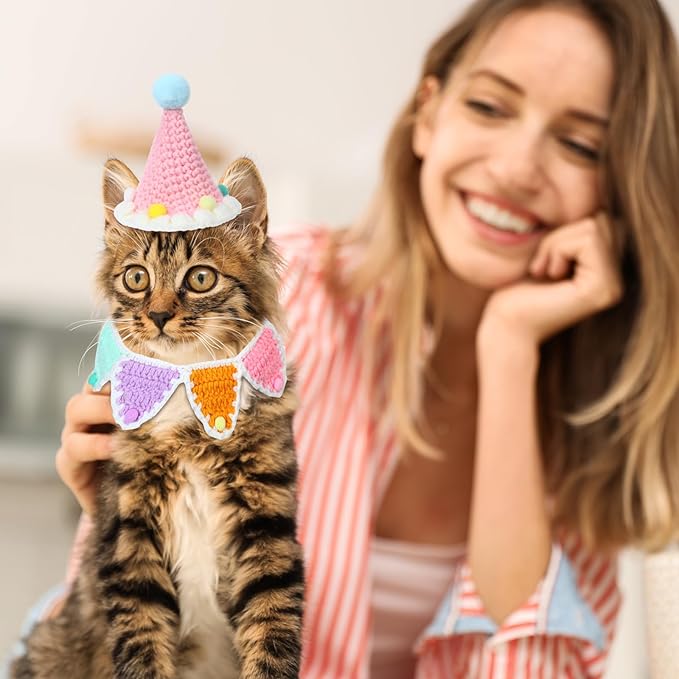 Sanwuta 2 Pcs Cat Birthday Party Supplies, Knit Cat Hat Kitten Birthday Bib Knit Bandana Pet Party Costume Headwear Accessories for Puppy Kitten Small Dogs Animals(Multicolor)