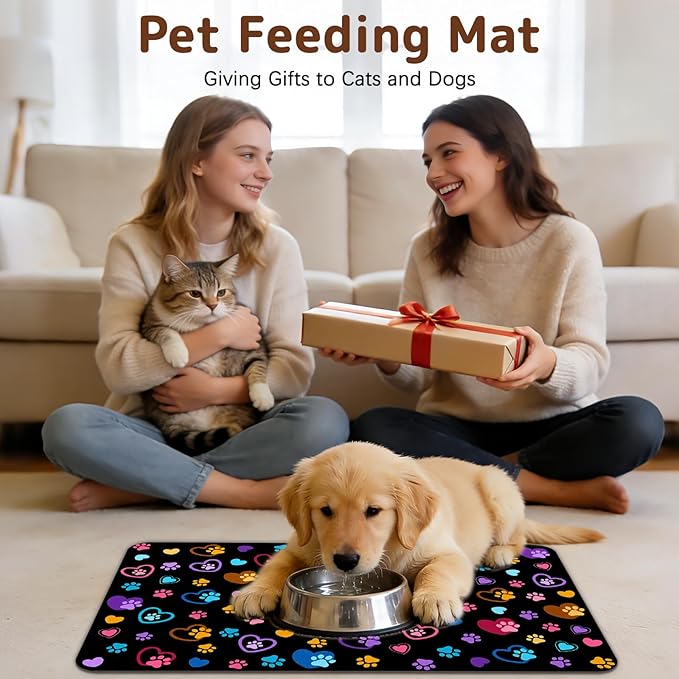 Dog Food Mat for Bowls, Absorbent Quick Dry Dog Cat Mats for Food and Water, Non-Slip Backing Pet Mat Pet Supplies - Paw Pattern