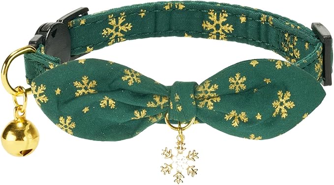 2 Pack Christmas Cat Collar with Bell and Removeable Bunny Bowtie,with Bling Snowflake Charm and Printing Pattern, Safety Breakaway Clasp, Adjustable for Kitten and Cats Green and Red.