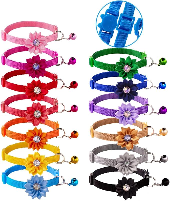 13Pcs Puppy Collars, Cat ID Collars with Bell Adjustable 19-32cm, Flower Soft Nylon Adjustable Breakaway Identification Collars for Puppy Kittens(Breakaway)