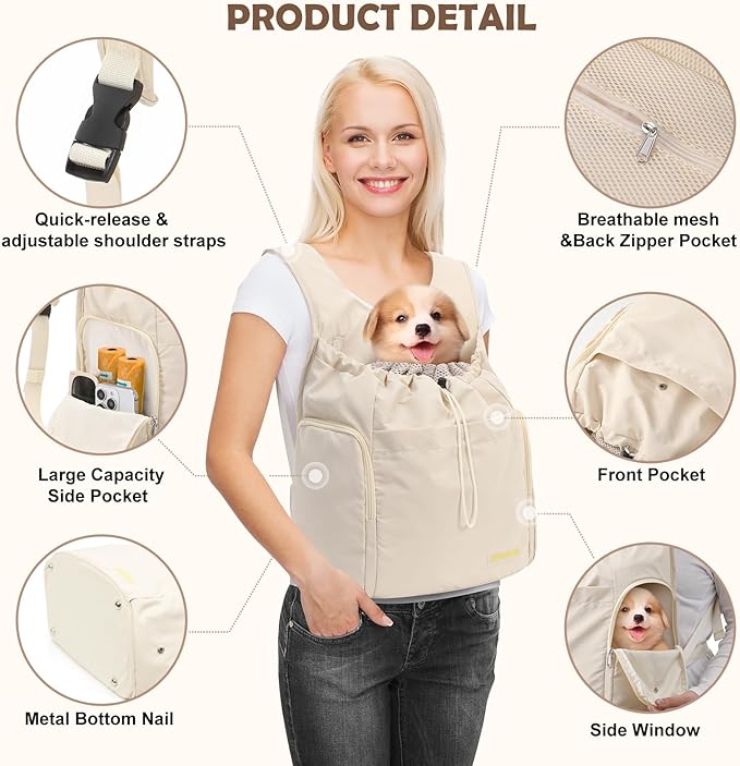 Dog Front Carrier Backpack, Adjustable Pet Dog Carrier Backpack Ventilated Mesh Dog Travel Backpack with Zippered Side Windows for Hiking Traveling for Small Medium Cats Dogs (Max 13 lbs)