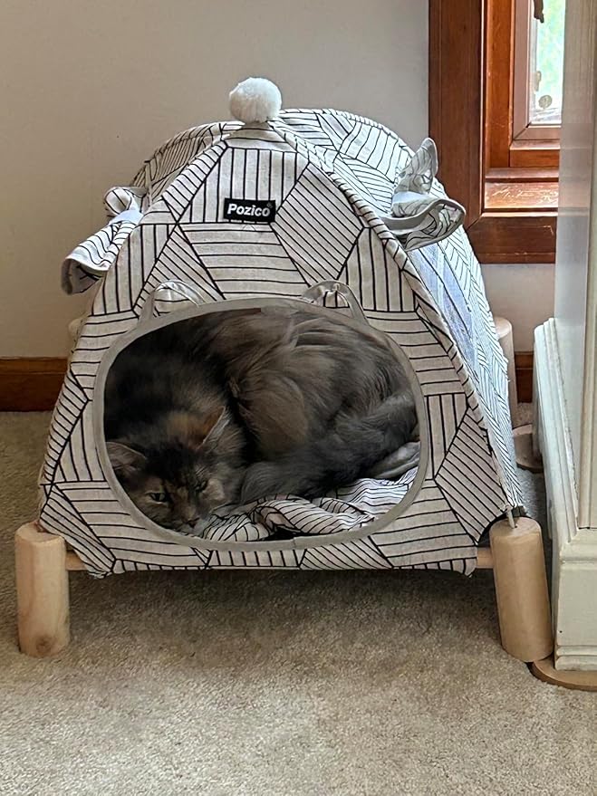 Pozico 2-in-1 Cat Bed Tent with Wooden Frame – Cat Teepee & Hammock, Portable Indoor/Outdoor Pet Tent for Cats, Kittens, Small Dogs, and Small Animals – Quick Assembly, White Diamond Design