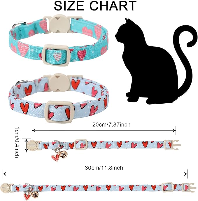 Cat Collar,2 Pack Cat Collars Breakaway with Bell, DOGWONG Safety Buckle Valentine's Day Cat Collar Blue Heart for Girl Boy Cats and Small Dogs，Adjustable 7-12 Inch,Pet Supplies Accessories