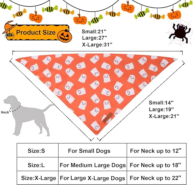 ADOGGYGO Halloween Dog Bandanas 2 Pack, Reversible Pumpkin Ghost Scarf, Premium Fabric, Adjustable Fit Orange Black Halloween Bandanas for Small Dogs (Small)