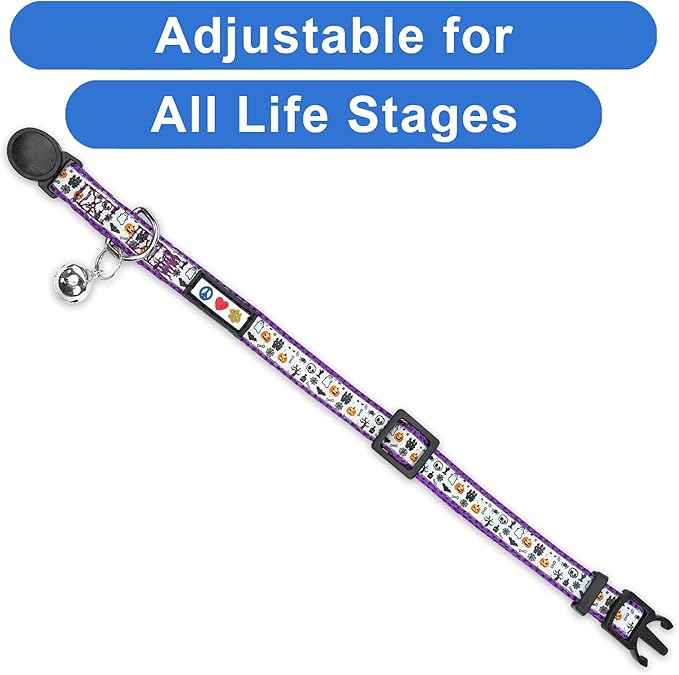 Pawtitas Glow in The Dark Cat Collar with Breakaway Safety Buckle & Bell Adjustable Kitten Collar, Halloween Purple