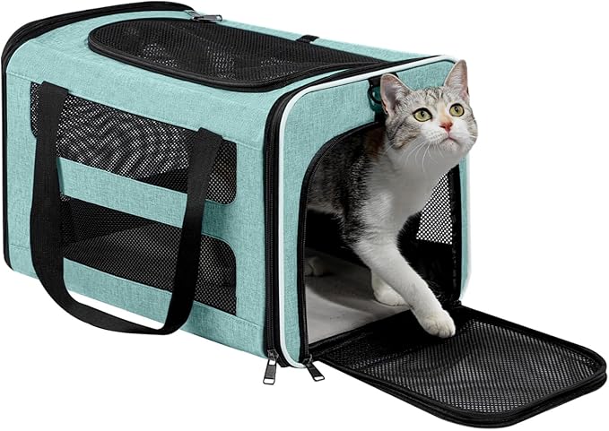 Cat Carrier Soft-Sided Travel Bag for Medium to Large Cats Over 15lbs, Small Dog Carrier Crate Top Entry Breathable Mesh Puppy 12 Pounds, Pet Rabbit Carrying Cage Kennel Collapsible Teal