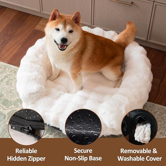 Dog Bed Couch Sofa for Small Medium Dogs and Cats Round Plush Orthopedic Sofa Pet Bed Washable Puppy Bed with Removable Cover Anxiety Relief Dog Couch Pet Furniture for Indoor Pets 30 x 30 x 9 White