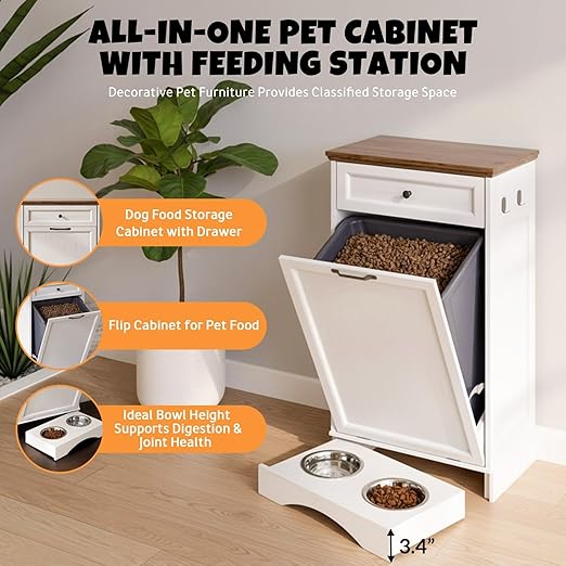 Tilt Out Trash Can Cabinet with Dog Bowl, 13 Gallons Dog Food Storage Cabinet, Hidden Trash Can Cabinet with Hideaway Drawer for Kitchen, Living Room (White, Single Door)