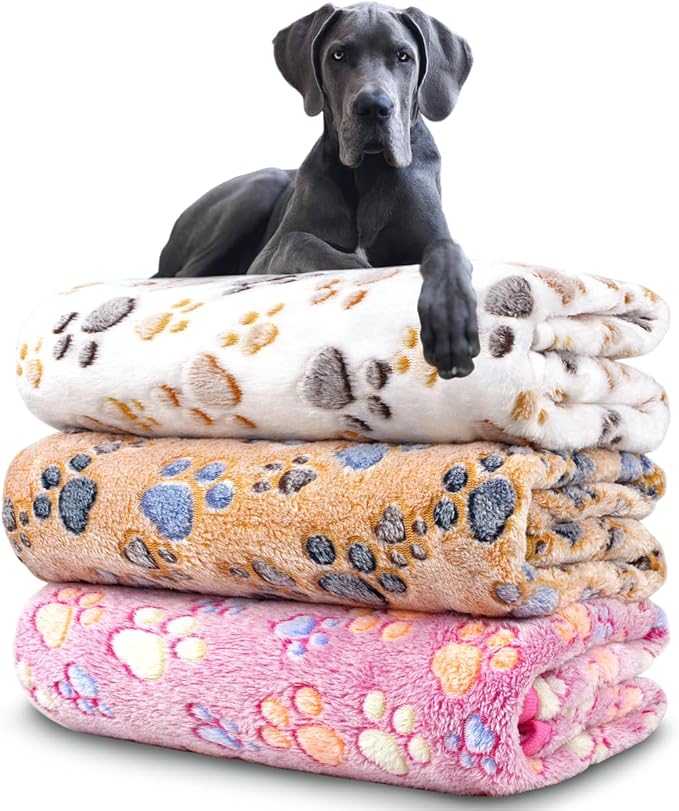 Dog Blankets for Medium Large Dogs, 3 Pack Dog Blanket Washable 41" x 31", Fuzzy Soft Pet Mat Throw Cover for Kennel Crate Bed, Cute Paw Pattern, Cat Blanket, Blankets for Dogs, Pet Blanket