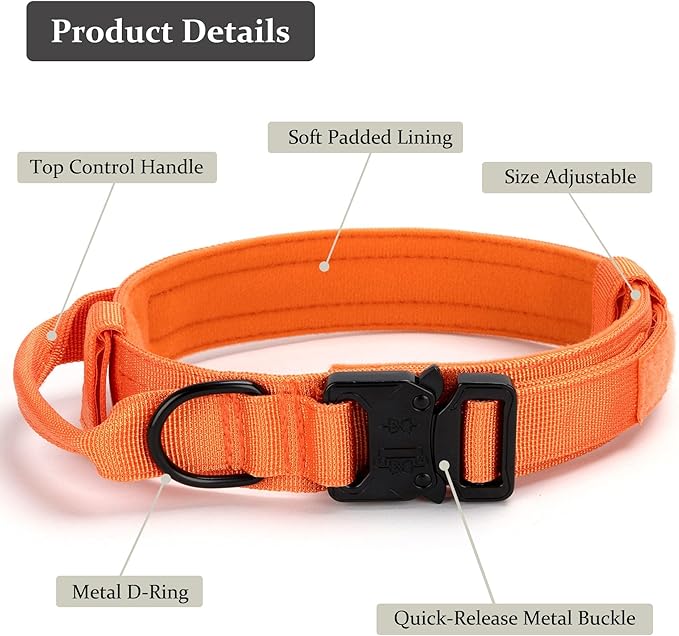 Tactical Dog Collar, Adjustable Military Training Nylon Dog Collar with Control Handle and Heavy Quick-Release Metal Buckle for Small Medium Large Dogs, Orange M