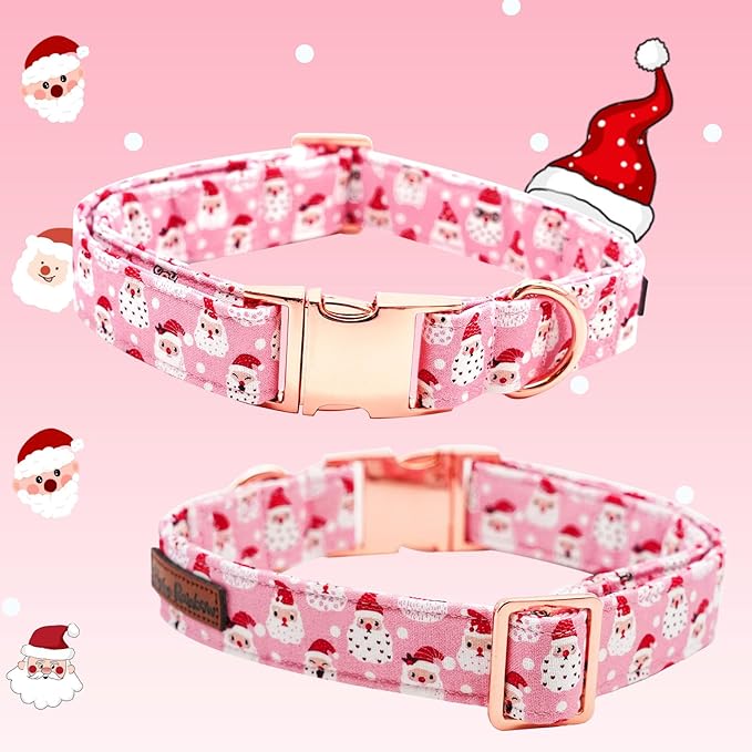 Dog Collar, Christmas Pink Santa Claus Cotton Pet Collar Bow Holiday Girl Boy Cute Puppy Collar Adjustable Pet Collar for Small Dogs