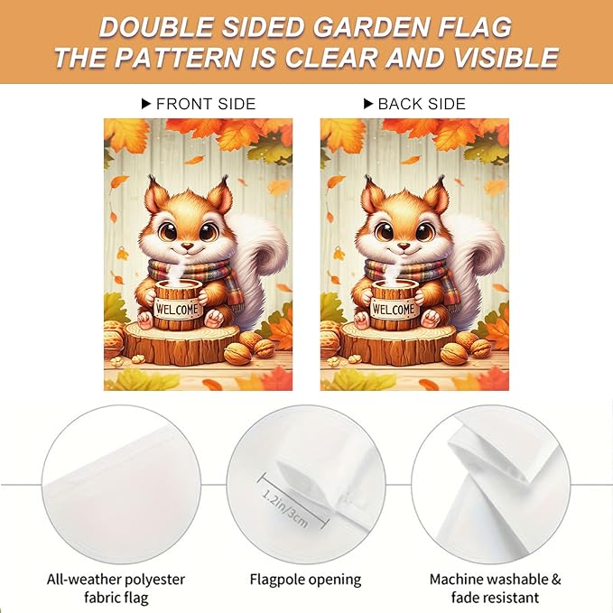 Fall Everyday Garden Flag 12x18 Inch Cute Red Squirrel with Hot Cocoa and Welcome Sign, Yard Flag Double Sided for Outdoor Fall Porch