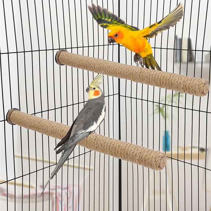 Hypeety Bird Perch Stand Natural Wood Parrot Hemp Rope Perch Birdcage Accessories Perch Standing Toy for Bird Parrot Macaw Cockatoo African Greys Budgies Parakeet 2Pcs (30cm/11.81in)