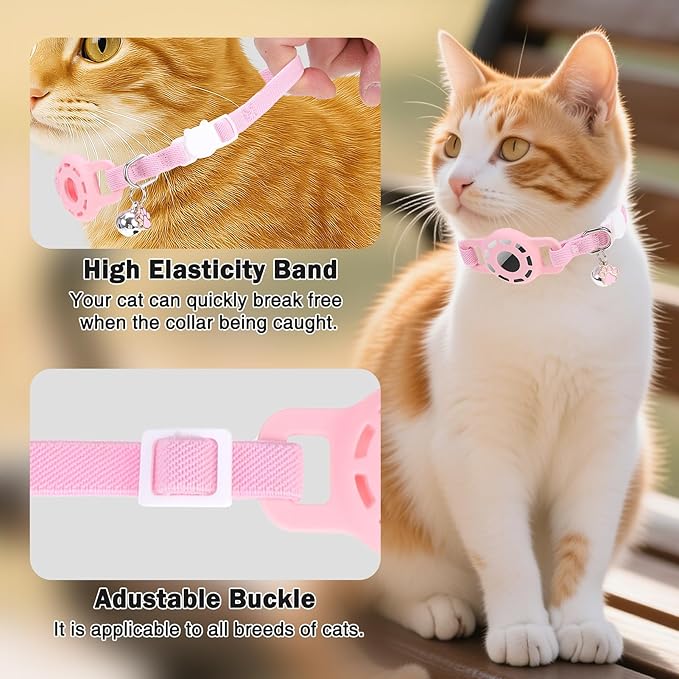 Airtag Cat Collar Breakaway, Stretchy Cat Tracker Collar with Apple Air Tag Holder for Boy Girl Cats, Elastic GPS Tracking Collars for Kittens and Puppies, Adjustable 9"-12" Pink